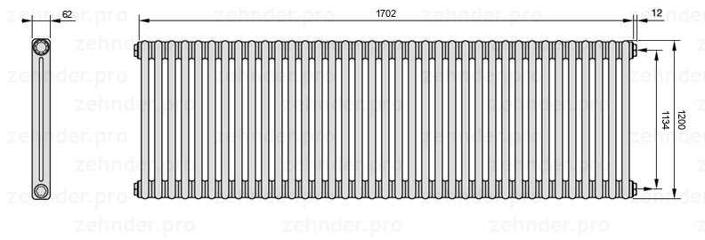 Схема (чертеж) Радиатор Zehnder Charleston 2120/37 №7610 Белый глянцевый RAL 9016